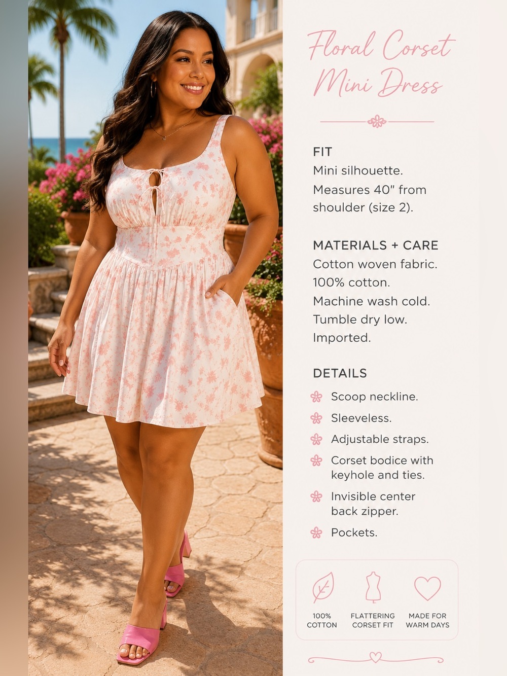 Torrid White Cotton & Pink Floral Corset Bodice Sleeveless Boho Dress, 1X, NWT! - Picture 10 of 16